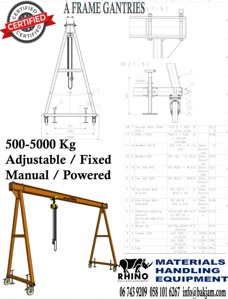 5 TON GANTRY CRANES-CERTIFIED A-FRAME GANTRIES